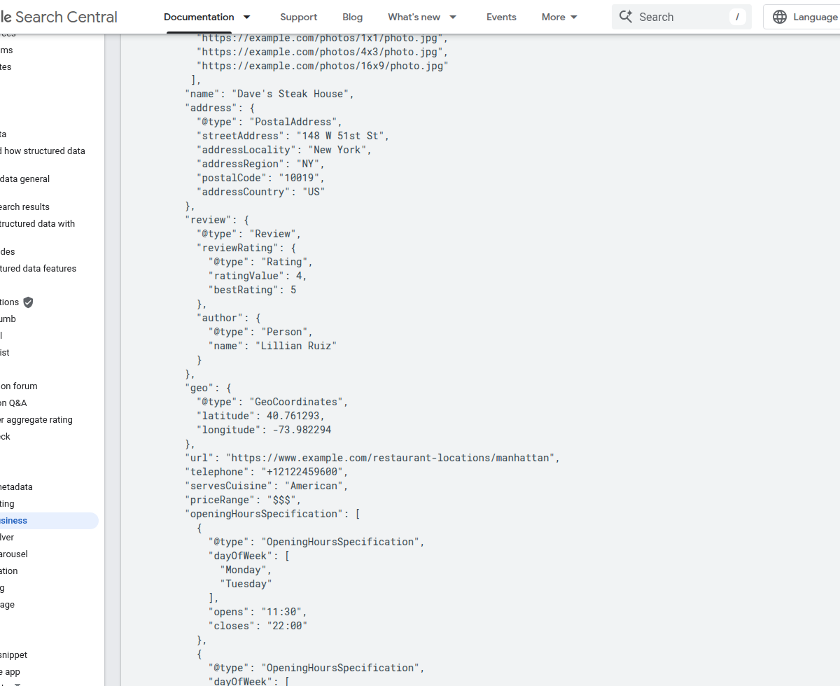 JSON-LD code example shown in Google Search Central documentation for local business structured data