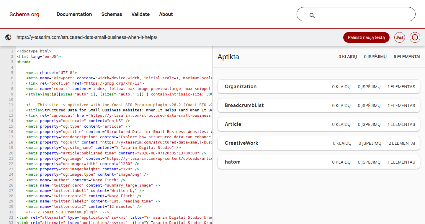 Schema Markup Validator showing detected Organization, BreadcrumbList, Article, and CreativeWork items for the live Y-Tasarim article URL