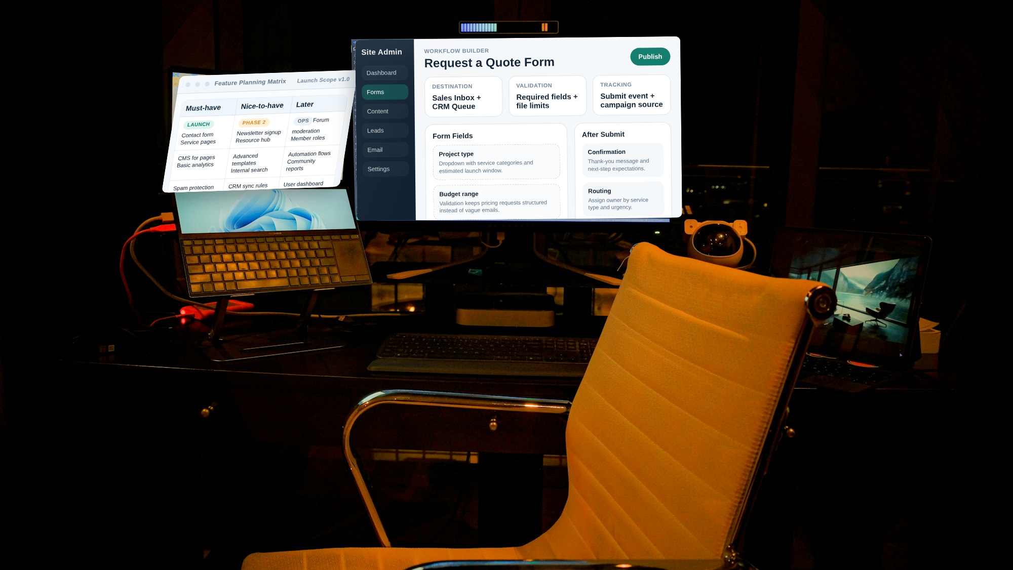 Real planning desk photo showing a Must-have, Nice-to-have, Later feature matrix on a laptop and a CMS form builder dashboard on a monitor