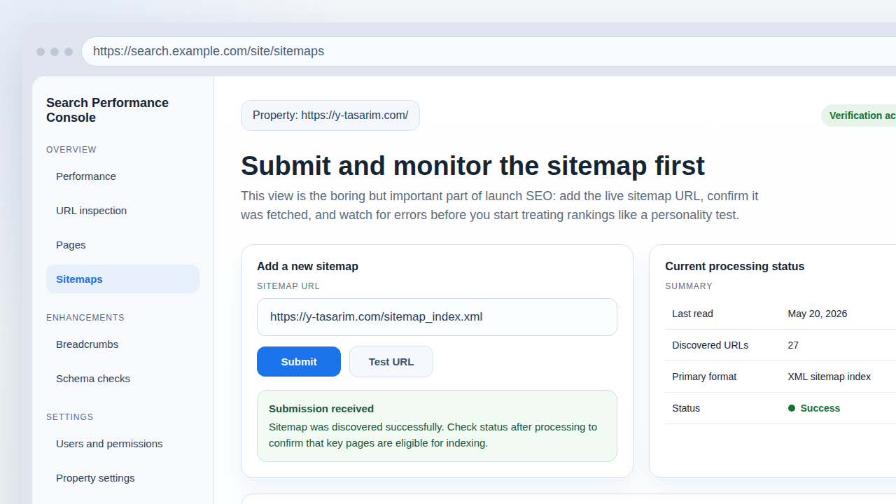 Generic sitemap submission screen showing a successful XML sitemap submission for a newly launched website